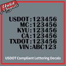 Load image into Gallery viewer, USDOT, MC, KYU, CA, TXDOT &amp; VIN Number Sticker Decal Lettering (Set of 2)
