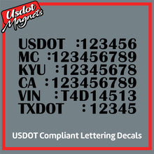 Load image into Gallery viewer, USDOT, MC, KYU, CA, VIN &amp; TXDOT Number Lettering Decals (Set of 2)
