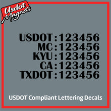 Load image into Gallery viewer, USDOT, MC, KYU, CA &amp; TXDOT Number Decal Lettering (Set of 2)
