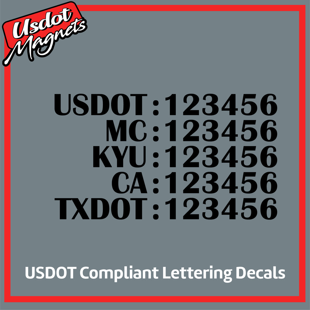 USDOT, MC, KYU, CA & TXDOT Number Decal Lettering (Set of 2)