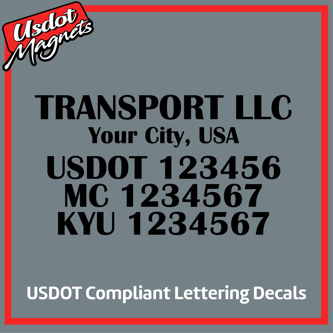 Transport Name with City, USDOT, MC & KYU Number Decal Lettering (Set of 2)