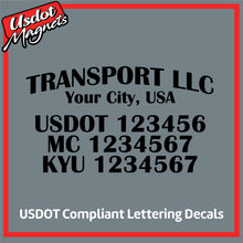 Load image into Gallery viewer, Arched Transport Name with USDOT, MC &amp; KYU Number Decal Sticker (Set of 2)
