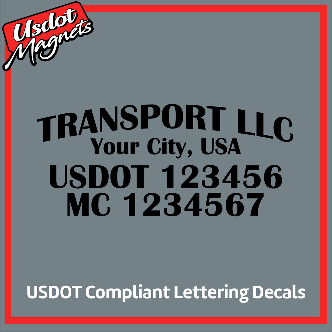 Arched Transport Name with City, USDOT & MC Vinyl Lettering Decal (Set of 2)