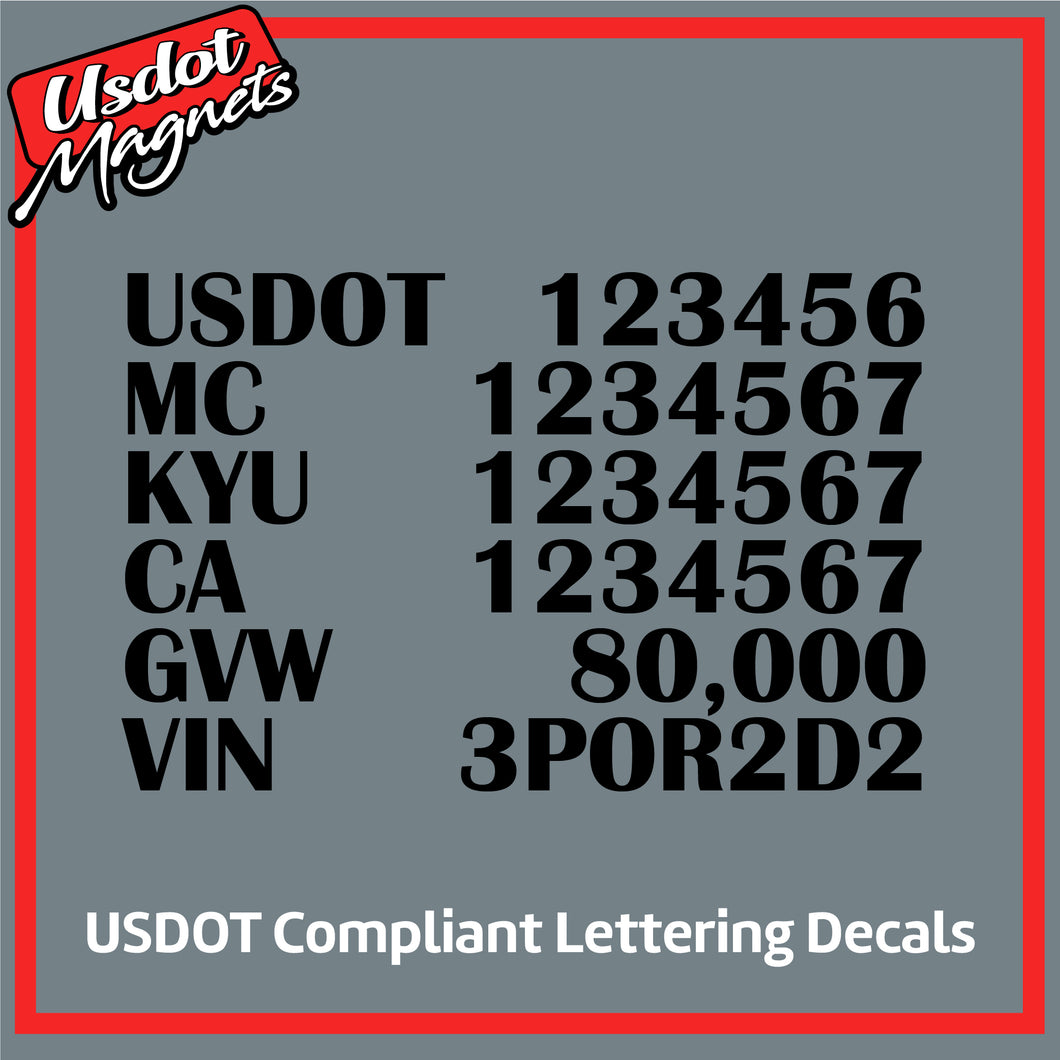 USDOT, MC, KYU, CA, GVW & VIN Number Decal Lettering (Set of 2)