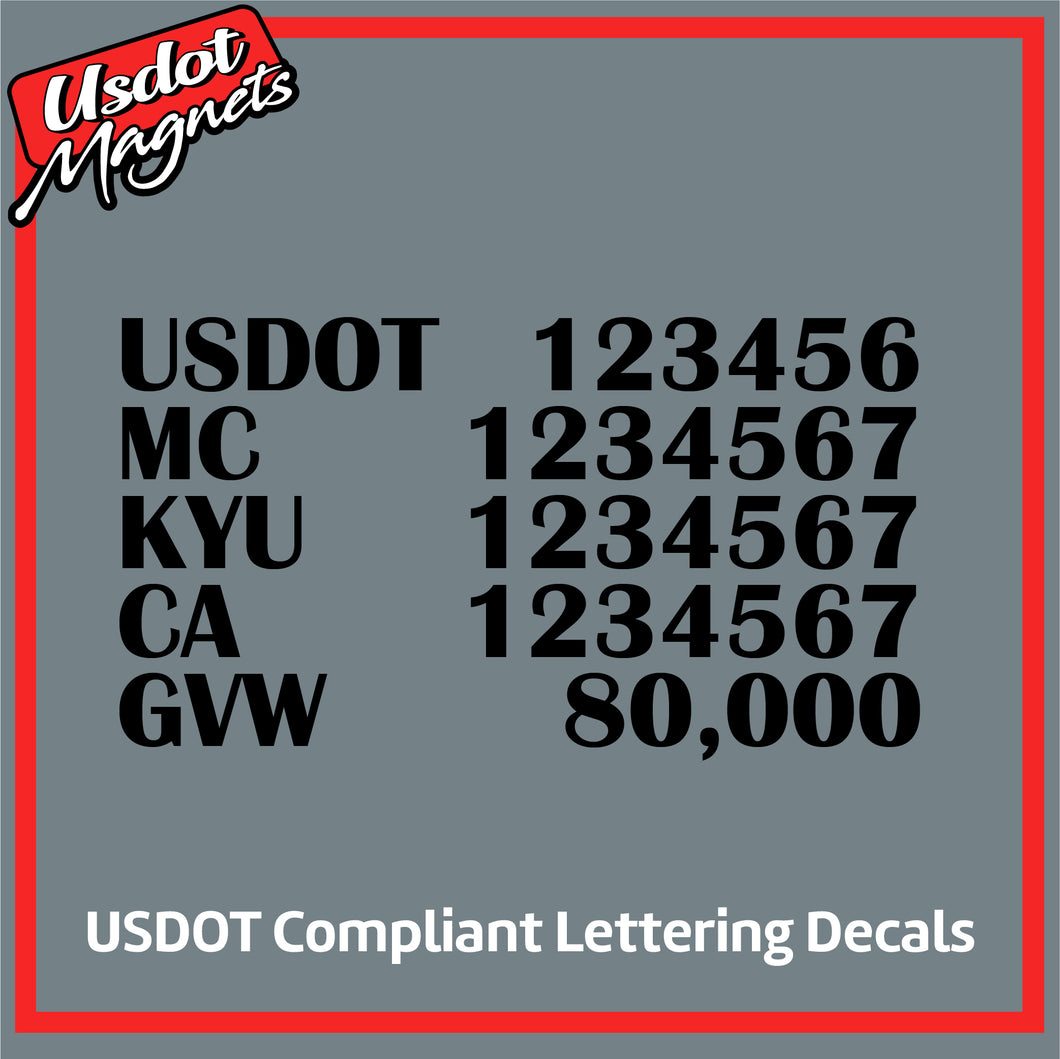 USDOT, MC, KYU, CA & GVW Number Sticker Decal (Set of 2)