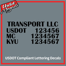 Load image into Gallery viewer, Transport Name with USDOT, MC &amp; KYU Number Lettering (Set of 2)
