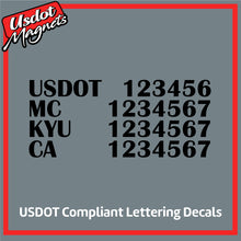 Load image into Gallery viewer, USDOT, MC, KYU &amp; CA Number Decal Sticker Lettering (Set of 2)
