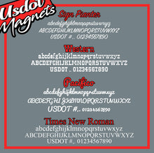 Load image into Gallery viewer, Arched Business Name with USDOT, MC, TXDOT, KYU &amp; GVW Number Decal Lettering (Set of 2)
